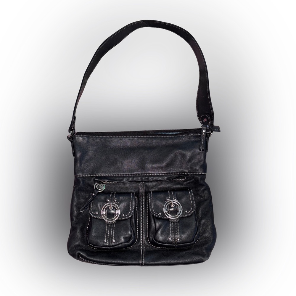 Stone Mountain Black Genuine Leather Shoulder Bag with Blue Paisley Interior